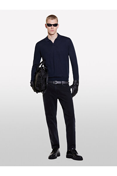 Sisley Men's Navy Blue Wool Blended Regular Fit Long Sleeve Polo Neck T-Shirt