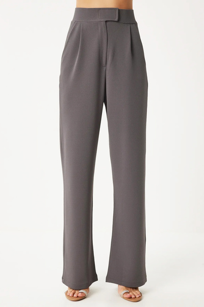 VAGGON Γκρι Lycra Γυναικείο Παντελόνι Palazzo - Κλείσιμο Velcro, Διπλή Τσέπη Prm1345