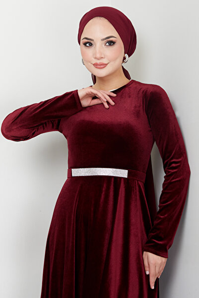 ModaMerve Rochie de seara din catifea rosie Claret - Curea de piatra, Model 2013EFY931-M