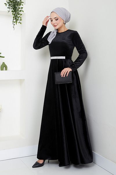 ModaMerve Velvet Black Evening Dress with Stone Belt Detail, 2013Efy931-M
