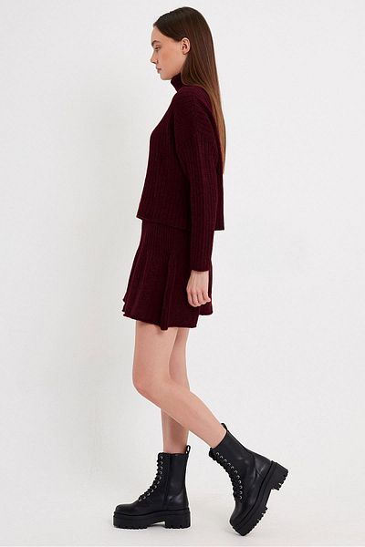 SHERIN Burgundy Ribbed Skirt Sweater Knitwear Set