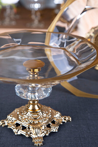 ARGKRİSTAL Pasabahçe Gold Detailed Metal Legs Hex Plate Small Size