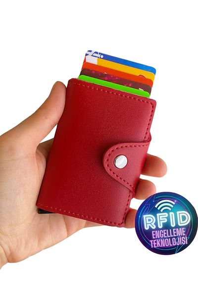 Modica Konk - Vegan Leather Rfid Protected Automatic Mechanism Red Smart Card Holder Women's Wallet