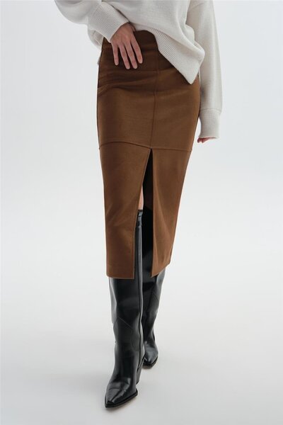 SHERIN Fusta midi maro din piele intoarsa artificiala