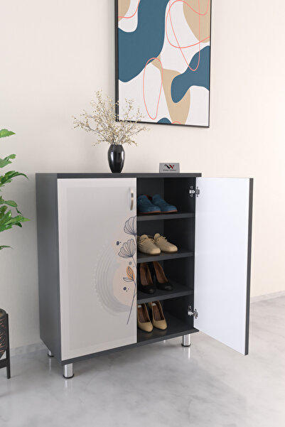 Hediyeler Kapında Bouquet 4 Raflı Ayakkabılık Antre Hol Çok Amaçlı Ayakkabı Dolabı Antrasit