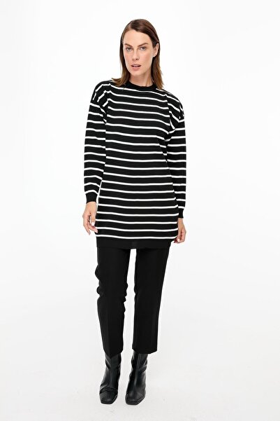 accort Çizgili Basic Triko Tunik-SİYAH
