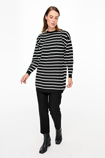 accort Çizgili Basic Triko Tunik-SİYAH