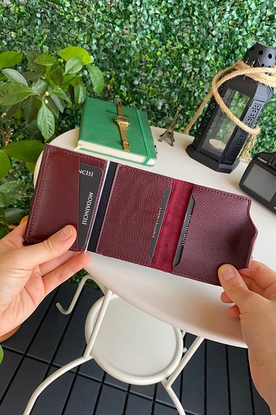 Modica Unisex Claret Red Wallet Card Holder - Technology Leather and Mechanical Smart Wallet - Konk