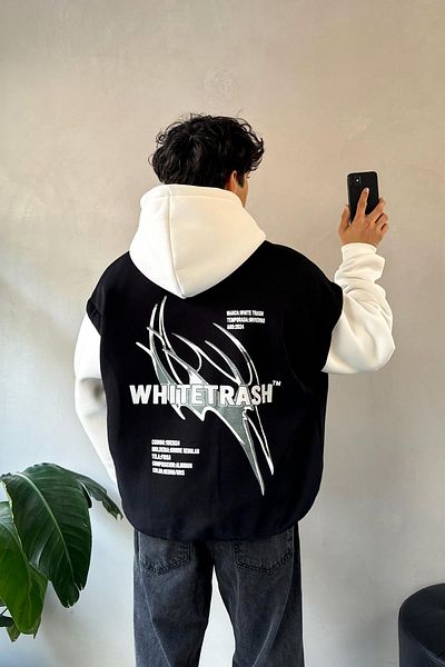 Flaw Wear White Trash Printed Black Oversize Hoodie
