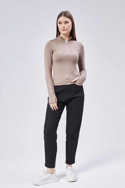 Maison La Femme Tricou bluză cu mânecă lungă cu fermoar maro