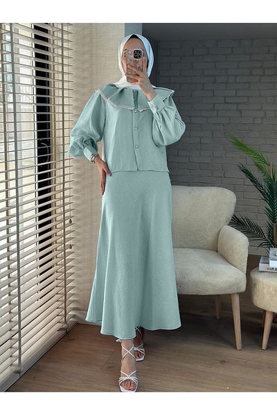 Modamorfo Lace Lettuce Collar Pure Linen Skirt Set - Aqua Green