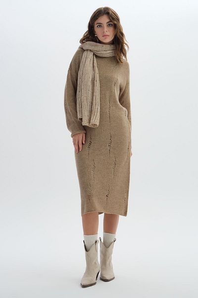 SHERIN Brown Long Ripped Patterned Knitwear Dress