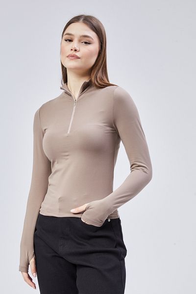 Maison La Femme Tricou bluză cu mânecă lungă cu fermoar maro