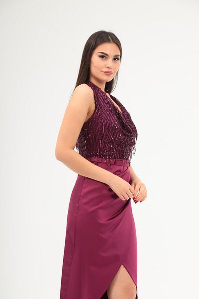 Aperla Halter Neck Fringe Sequin Fabric Detail Sleeveless Slit Midi Length Evening Dress