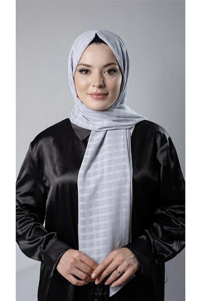 HÜRREM BONE Gray Patterned Shawl Chiffon Fabric Checked Striped 202107_15