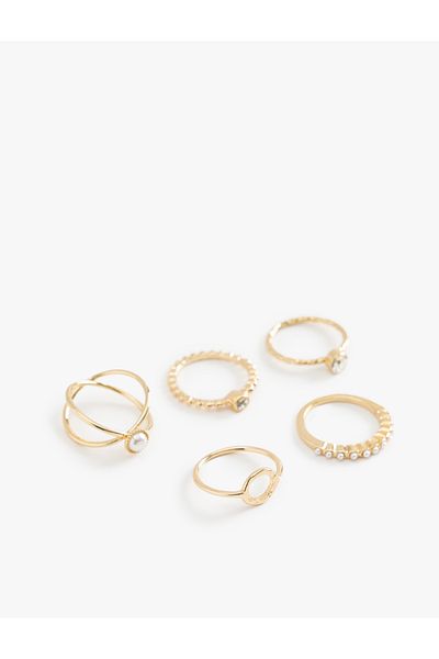 Koton Set of 5 Pearl and Stone Detailed Rings