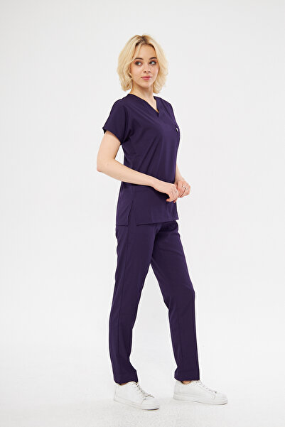 Class Üniforma Mor Likralı Unisex Yarasa Kol Hemşire Ve Doktor Forması Takımı Scrubs Hastane Üniforması