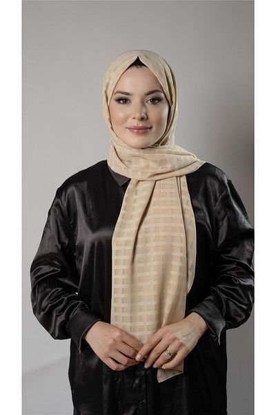 HÜRREM BONE Gold Patterned Shawl Chiffon Fabric Checked Striped 202107_03