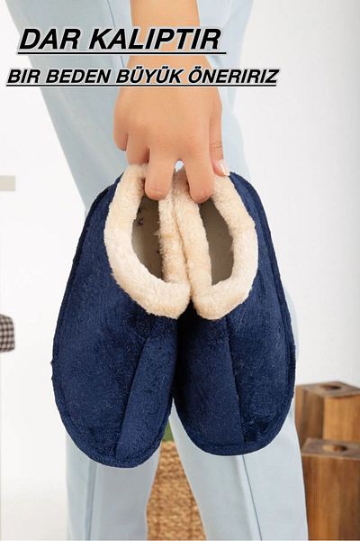 Slipcat Navy Blue Unisex Μάλλινο Λούτρινο Χειμερινό Παπούτσια - Home Shoe