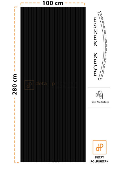 DETAYPOLİURETAN 8mm Mdf Ahşap Akustik Duvar Kaplama Paneli 100x280 Cm - Siyah (8mm mdflam-4mm keçe)