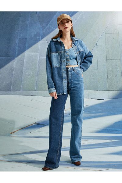 Koton High Waist Wide Leg Color Blocked Jeans - Longer Jean
