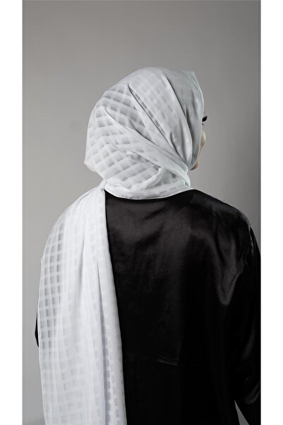 HÜRREM BONE White Patterned Shawl Chiffon Fabric Checked Striped 202107_42