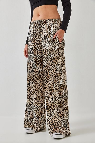 Bianco Lucci Women's Leopard Print Satin Palazzo Trousers with Elastic Waist 60351275