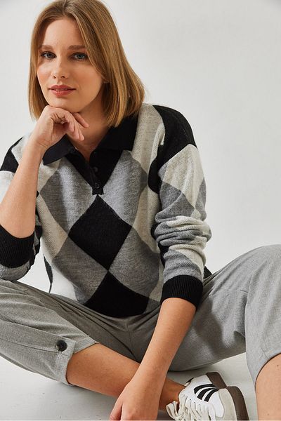 Bianco Lucci Pulover de damă cu gât polo cu model diamantat 5255 60351276