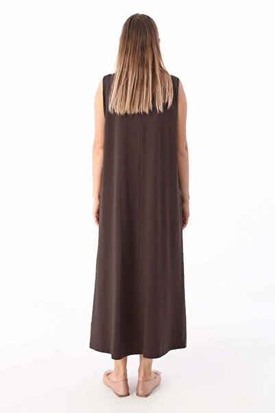 ALLDAY Καφέ-Βαμβακερό Αμάνικο Φόρεμα με λαιμόκοψη
