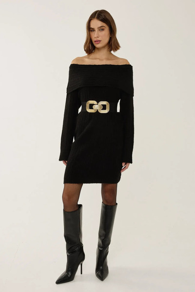 Hiccup Madonna Yaka Çizgili Triko Elbise