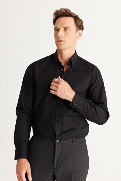 ALTINYILDIZ CLASSICS Erkek Siyah Slim Fit Dar Kesim Düğmeli Yaka %100 Pamuk Oxford Gömlek