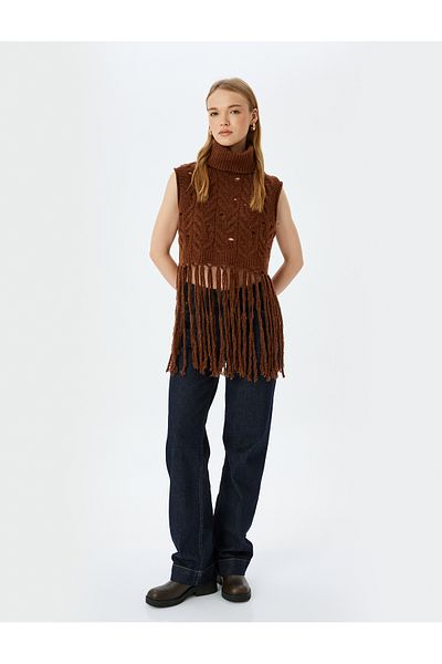 Koton Turtleneck Tassel Detailed Knitted Textured Sleeveless Sweater
