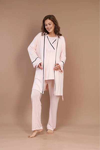 Reyhanlar Kadın Penye Lohusa Hamile Uzun Kollu Sabahlıklı 3'lü Pijama Takım S...