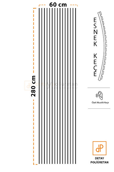 DETAYPOLİURETAN Mdf Ahşap Akustik Duvar Kaplama Paneli 60x280 Beyaz-