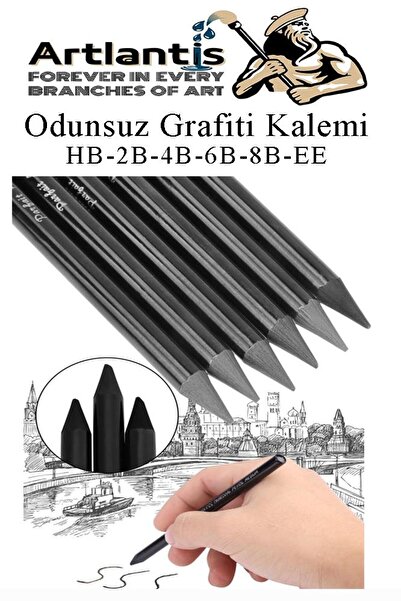 Artlantis Odunsuz Grafiti Kalemi 6 lı 1 Paket Odunsuz Kömür Kalemi Füzen Kalemi Çizim Kalemi Eskiz ve Karakale