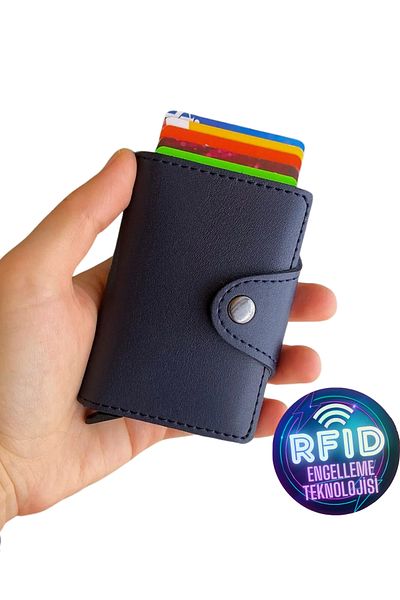 Modica Unisex Navy Blue Δερμάτινο Μηχανικό Έξυπνο Πορτοφόλι - Konk