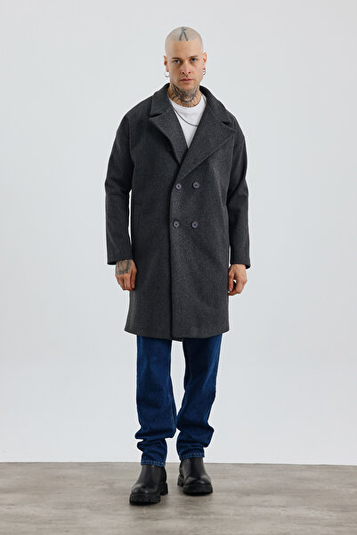 İLKCET MODA Premium Anthracite Oversize Men's Buttoned Stamp Coat
