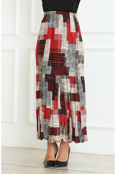 sefamerve Fresh Layered Gypsy Large Size Skirt 3165D-01 Burgundy