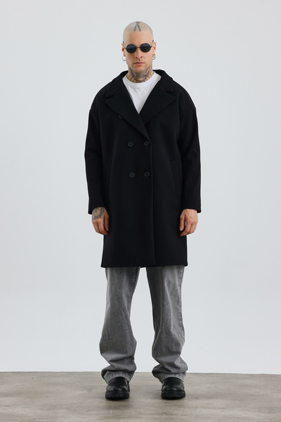 İLKCET MODA Premium Black Oversize Men's Buttoned Cashmere Coat