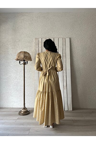 KÜÇÜĞÜM BUTİK Tesettür Sarı Çıtır Poplin Kat Kat Elbise