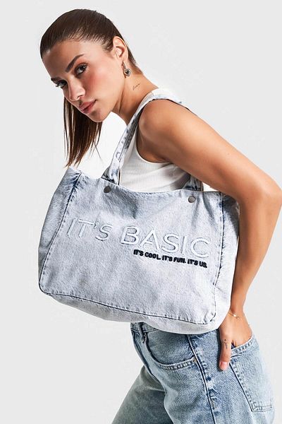 its basic Culoarea blugiului deschis IT'S BASIC Geantă din denim cu curea de mărime medie brodata