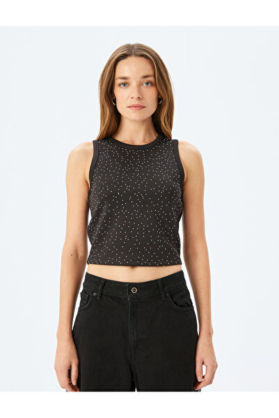 Koton Πέτρινη λεπτομερής λαιμόκοψη αμάνικη μπλούζα Scuba Fabric Crop