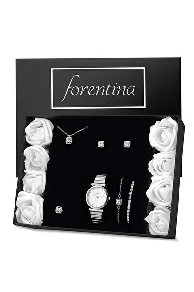 Forentina Gümüş Kaplama Baget Kolye Küpe Bileklik Yüzük Saat-Beyaz Yapay Güllü Kutuda Hediye Set PS3