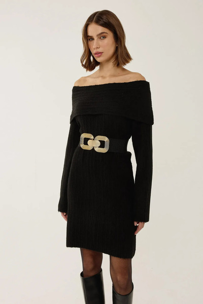 Hiccup Madonna Yaka Çizgili Triko Elbise