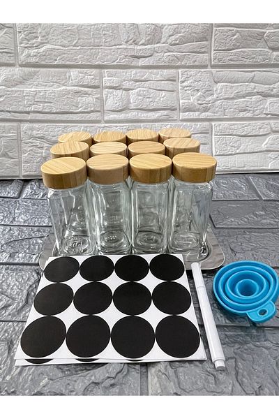 MİMOZA PARK Round Glass Spice Rack Set with 12 Bamboo Lids (12 Labels and Pens as a Gift)