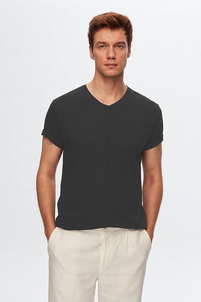 D'S Damat Μπλουζάκι Slim Fit Anthracite V-Neck 100% βαμβάκι