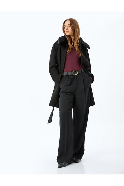 Koton Long Stamp Coat with Removable Faux Fur Collar and Pockets
