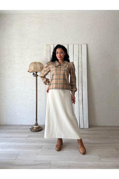 KÜÇÜĞÜM BUTİK Καφέ καρό μπλούζα με μακρυμάνικο γιακά