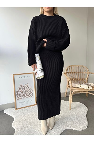 Jose Clothing Harlow Black Knitwear Stand Collar Sweater Long Skirt Set