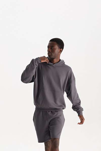 Erkek Füme %100 Organik Pamuk Kanguru Cepli Kapüşonlu Oversize Sweatshirt